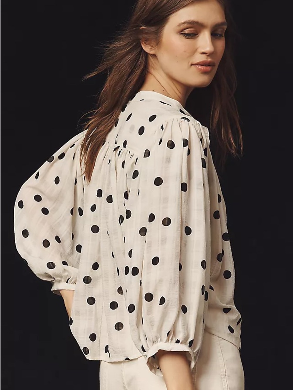 Anthropologie Maeve Polka Dot Puff Sleeve Blouse - White/Navy Blue